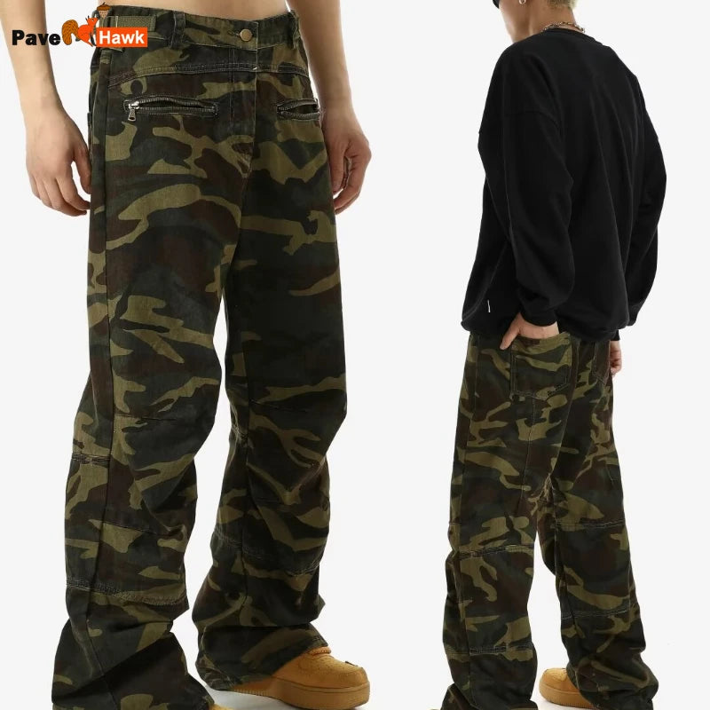2024 High Street Mens Camouflage Straight Leg Jeans American Trend Tooling Denim Pants Zipper Multiple Pockets Cowboy Trousers Street King Limited