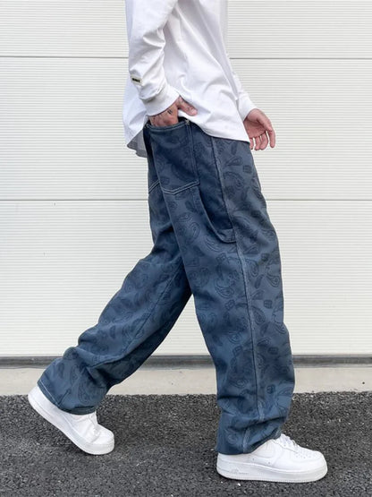 hip hop straight denim jeans pants fashion zipper paisley jeans streetwear mens new casual loose trousers jean pants joggers casual joggers