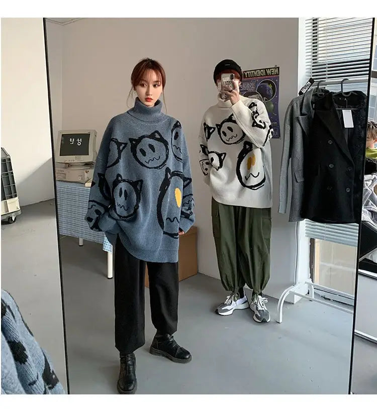 Korean literature art turtleneck sweater men autumn winter lazy style knitted sweater cartoon devil print wool clothes pullovers Street King Limited