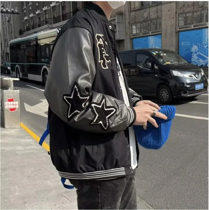 american retro mens baseball uniform street harajuku patchwork leather loose jackets color block towel embroidery trend coats unique default style 2920