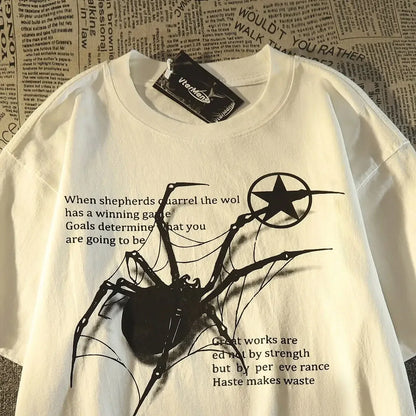 American Retro Street Spider Graphic T-Shirt - Loose Fitting College Style Couple Short-Sleeved Top for Men and Women Summer Street King Limited