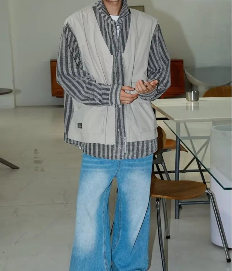 striped mens shirt jacket 2024 spring japanese street color blocked fake two coats vest tooling trend zipper long sleeved tops unique default style 2386
