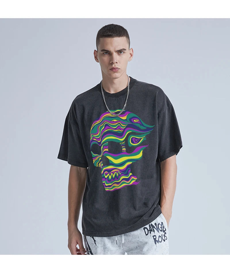 Rainbowtouches Washed Men T Shirt 2022 Summer Vintage Unisex High Street Skulls Pattern Oversize Fashion Mens Graphic T-Shirts Street King Limited