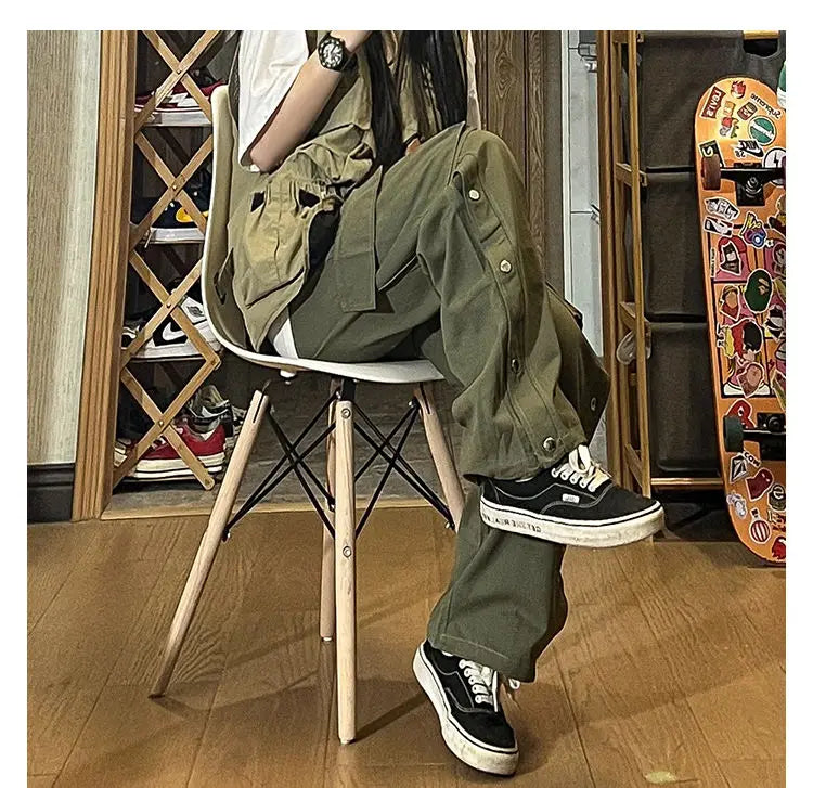 Fashionable Korean style gothic buttoned overalls pants men summer Harajuku street y2k hip hop casual retro sports pants Street King Limited