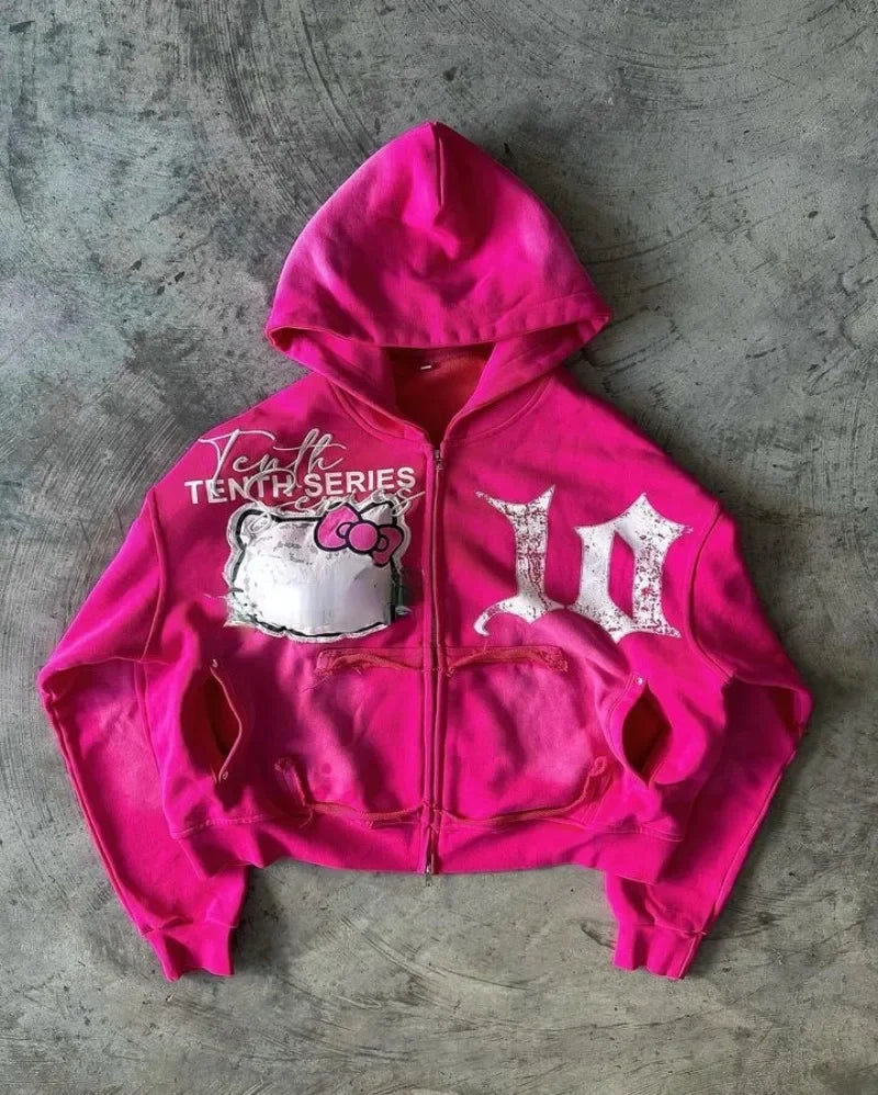 gothic cartoon embroidered letters pink loose hoodie sweatshirt 2 piece sets womens outfits streetwear zipper hoodie y2k clothes unique default style 1932