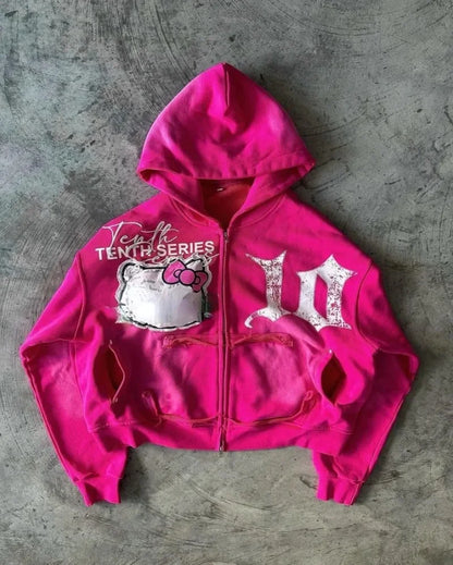 gothic cartoon embroidered letters pink loose hoodie sweatshirt 2 piece sets womens outfits streetwear zipper hoodie y2k clothes unique default style 1932