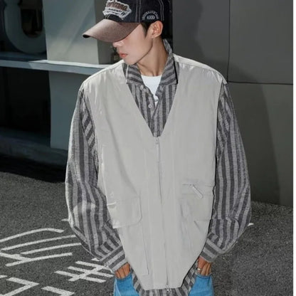 striped mens shirt jacket 2024 spring japanese street color blocked fake two coats vest tooling trend zipper long sleeved tops unique default style 2380