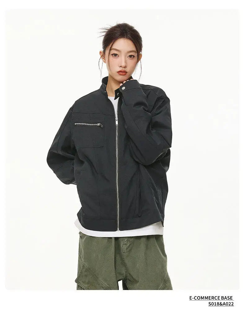 men retro casual stand collar streetwear fashion loose lightweight short motorcycle jacket women spring autumn coat outerwear unique shorts style 417