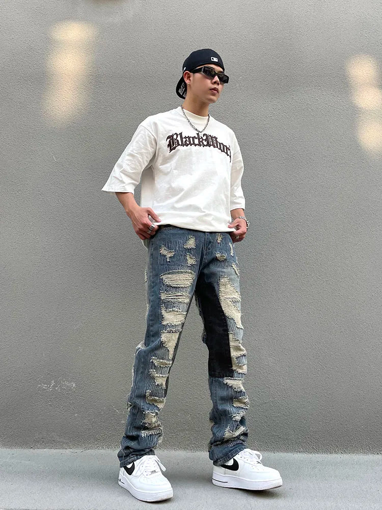 destroy ripped scratched patchwork denim jeans mens casual straight biker zipper trousers streetwear hip hop jean pants joggers unique joggers style 2898