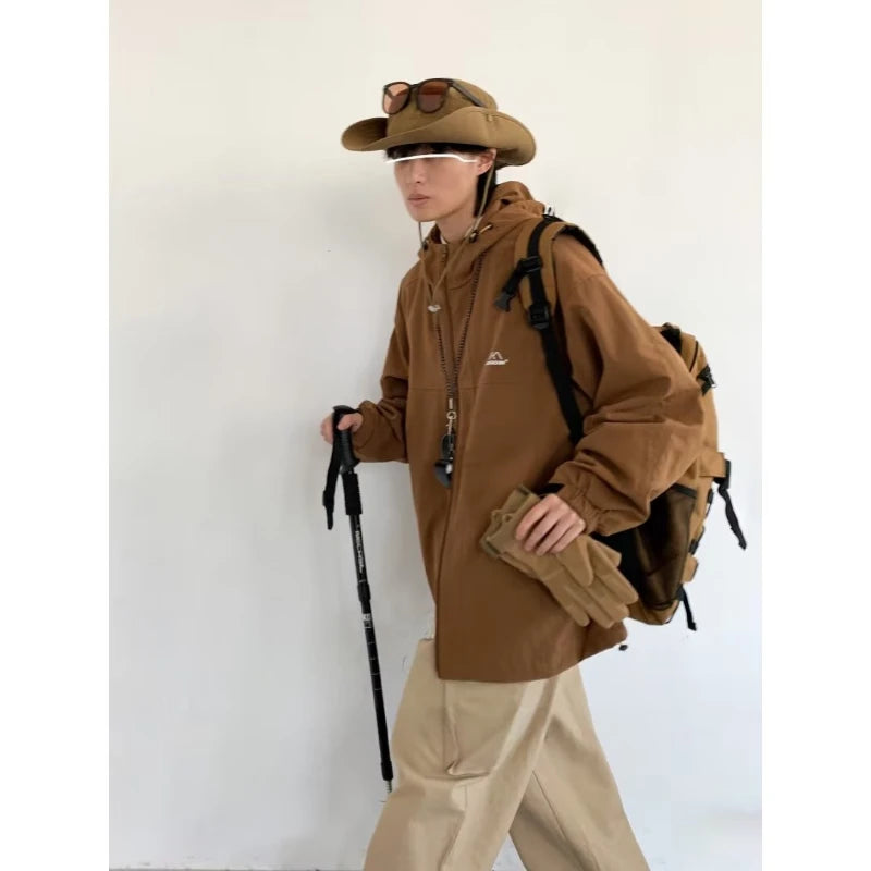 outdoor sports charging jacket mens 2024 spring japanese casual waterproof hooded trench coat multi pocket hiking windbreaker minimalist street pants