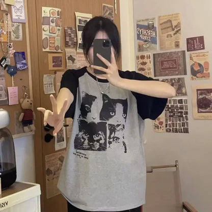 2024 Summer Cute Cat Print T shirt Fashion Y2K Loose personality Fresh Retro Simple Harajuku kawaii clothes Short Sleeve Top Street King Limited