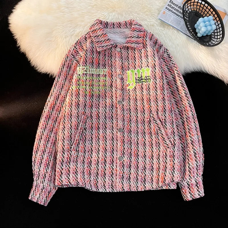 american retro plaid jacket korean trend couple jackets embroidery design unisex outerwear loose plus size mens coat urban fashion pants