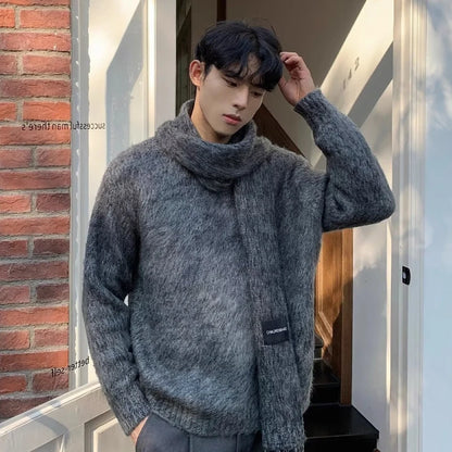 Autumn Warm Sweater Mens Korean Street Simplicity Round Neck Pullover+Solid Color Scarf Two-piece Set Casual Knitted Tops Trend Street King Limited
