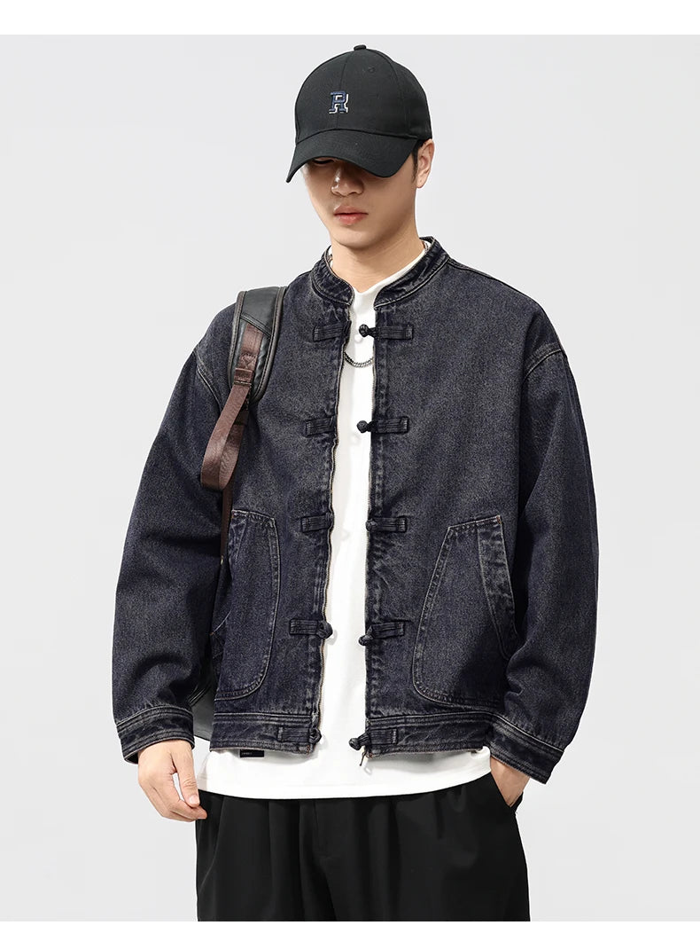 men spring autumn streetwear fashion retro loose casual plus size stand collar denim jacket man jeans coat outerwear unique jeans style 904