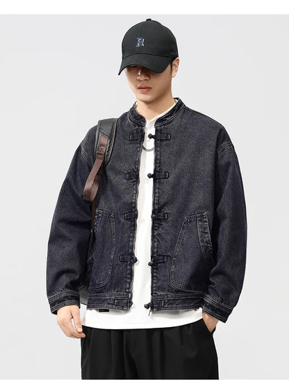 men spring autumn streetwear fashion retro loose casual plus size stand collar denim jacket man jeans coat outerwear unique jeans style 904