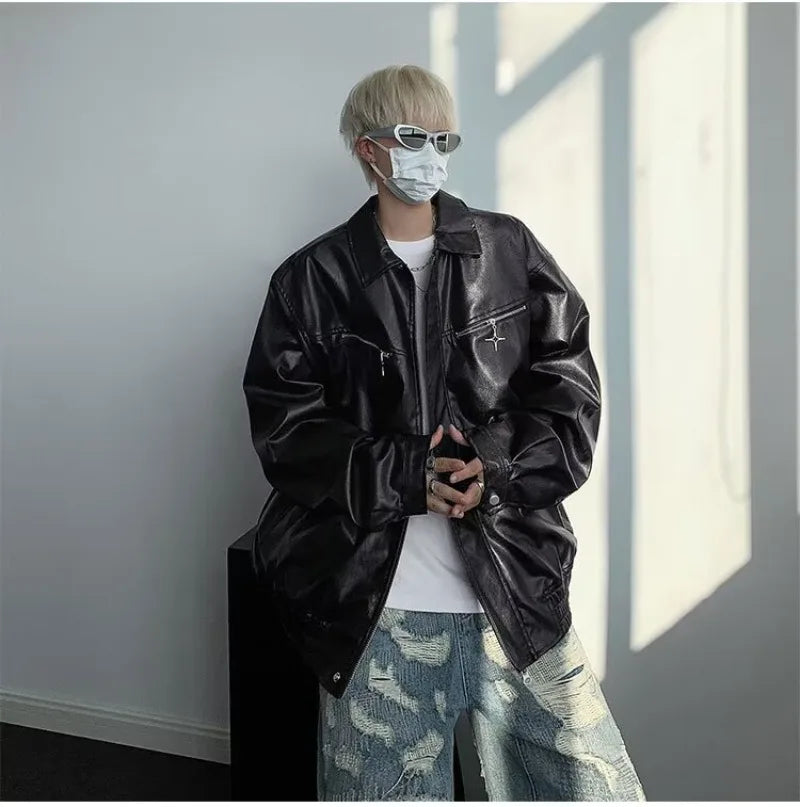 retro motorcycle pu leather jacket mens high street punk zipper decoration loose coats unisex hip hop fashion outwear spring unique default style 2046