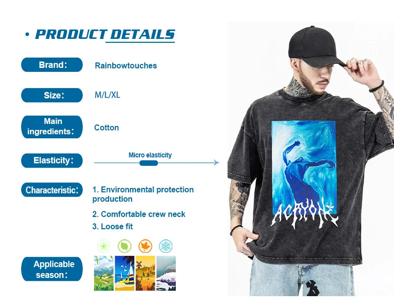 Rainbowtouches Summer T-shirts Oversized Men Fashion Acid Wash T-Shirt Loose Hip Hop High Street Style Unisex Quality Clothing Street King Limited