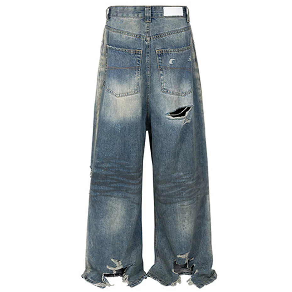 mens baggy jeans blue distressed ripped loose denim pants streetwear oversized hip hop jeans trousers unique jeans style 731