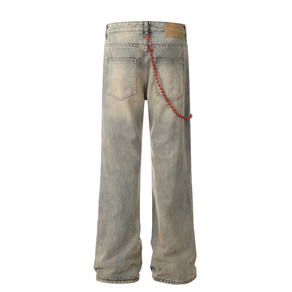 red chain pendant washed vintage jeans men women streetwear fashion hip hop loose casual wide leg denim jeans pants trousers stacked flare jeans