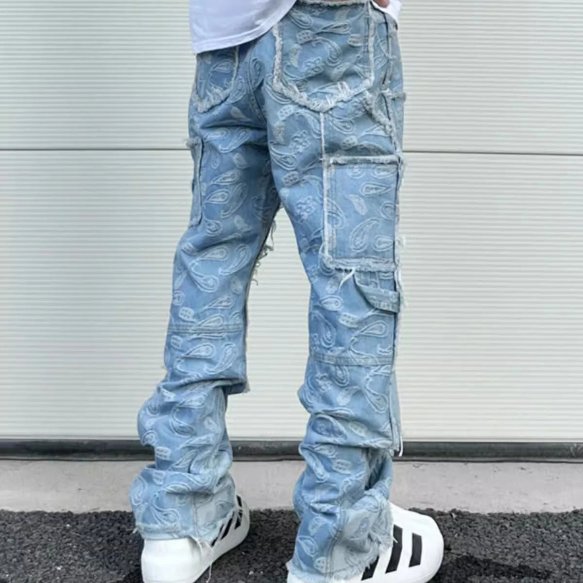 y2k frayed urban cashew flower full print patchwork baggy flare jeans for men straight pantalones hombre oversize denim trousers unique jeans style 3503