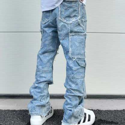 y2k frayed urban cashew flower full print patchwork baggy flare jeans for men straight pantalones hombre oversize denim trousers unique jeans style 3503