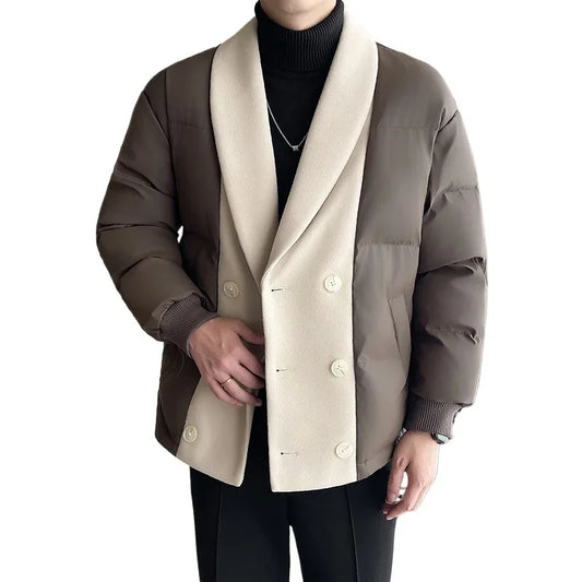 men winter woolen splice cotton padded business casual thicken warm jacket korean streetwear fashion parkas coat outerwear clean everyday pants
