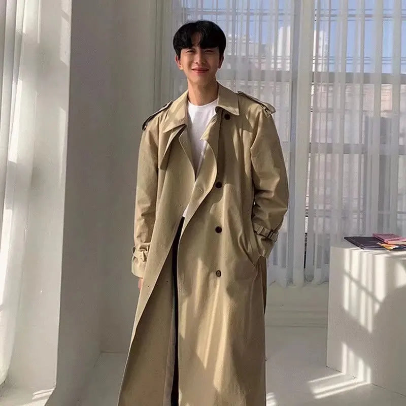 Khaki Black Trench Coat Men Fashion Autumn Oversized Long Coat Men Korean Loose Windbreaker Jacket Mens Overcoat M-2XL Street King Limited