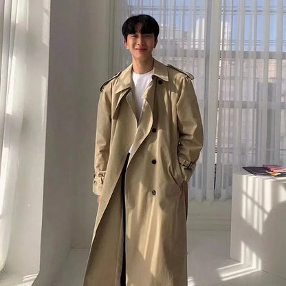 Khaki Black Trench Coat Men Fashion Autumn Oversized Long Coat Men Korean Loose Windbreaker Jacket Mens Overcoat M-2XL Street King Limited