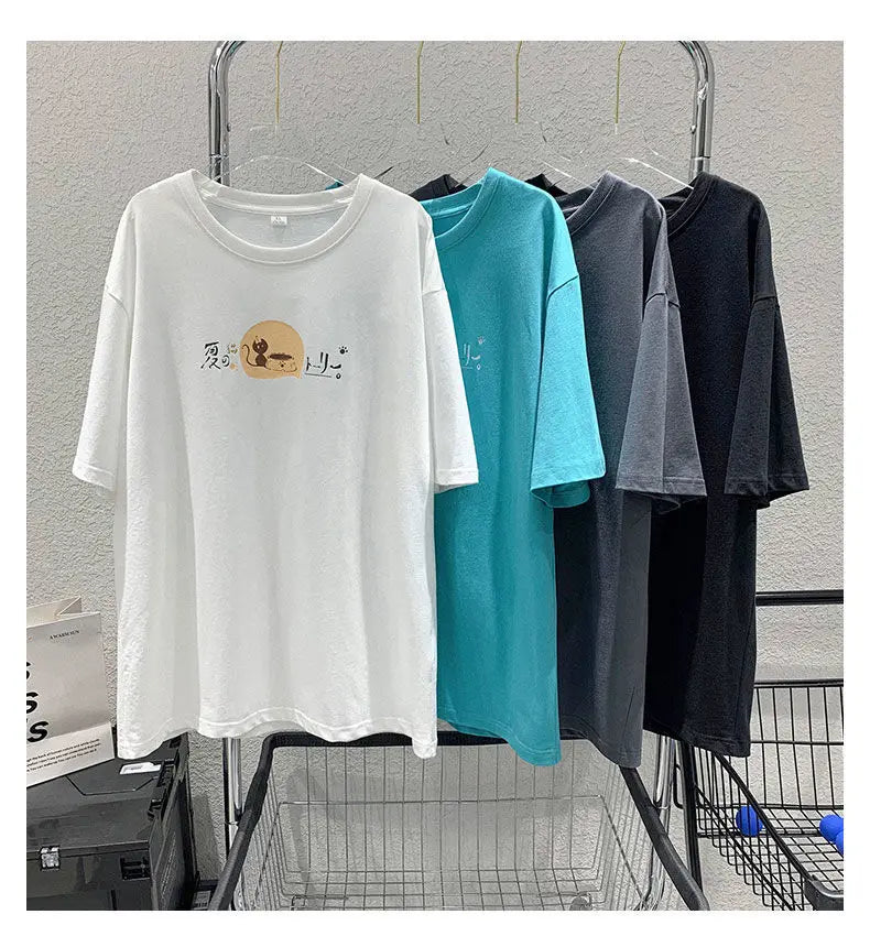 Korean style fun cat print men short-sleeved T-shirt new lazy style y2k simple casual versatile salt loose half-sleeved T-shirt Street King Limited