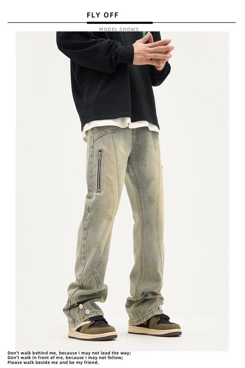 american high street retro straight jeans men casual patchwork y2k denim pants hip hop streetwear zipper baggy cargo jean unique cargo style 3117