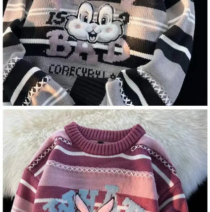 Sweet cool bunny striped knitted sweater for women in autumn and winter loose outer wear lazy style soft and waxy milk kawaii Street King Limited