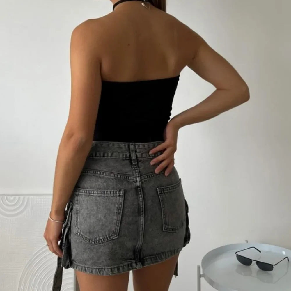 Vintage Y2K New Harajuku Multiple Pockets Denim Plaid Skirt Goth Black Mini Skir Fashion Womens Casual Versatile Sexy Streetwear Street King Limited