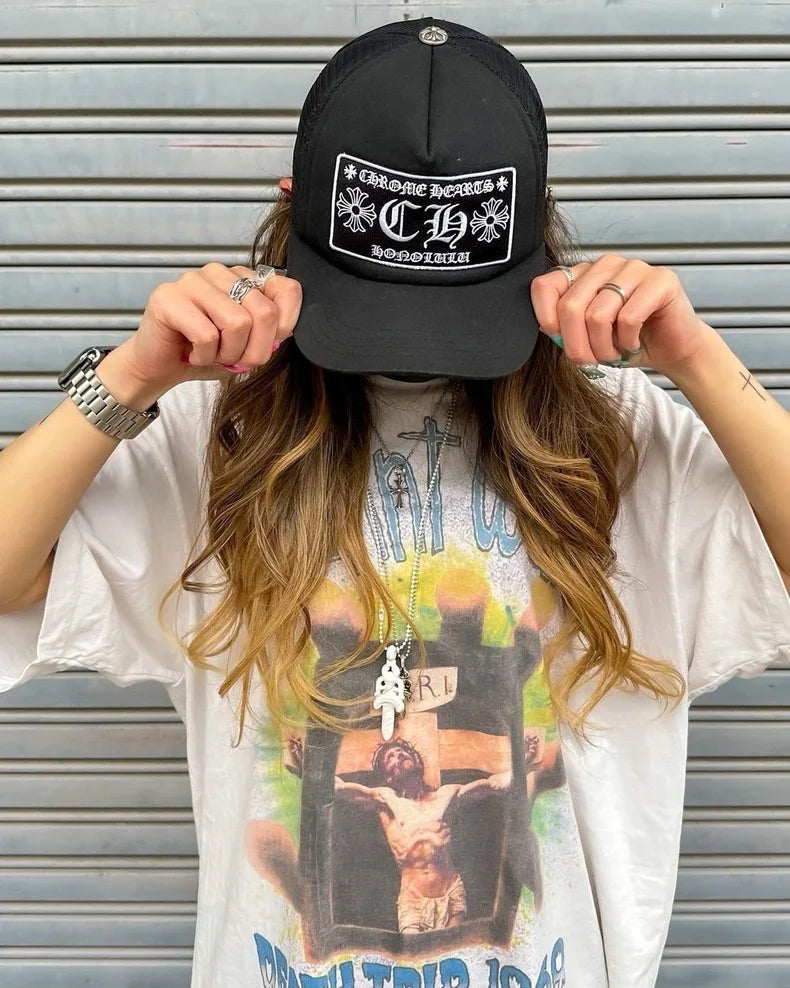 24SS New Vintage Retro Cross Printing Washed Distressed Short Sleeves T-Shirt Tops Street King Limited