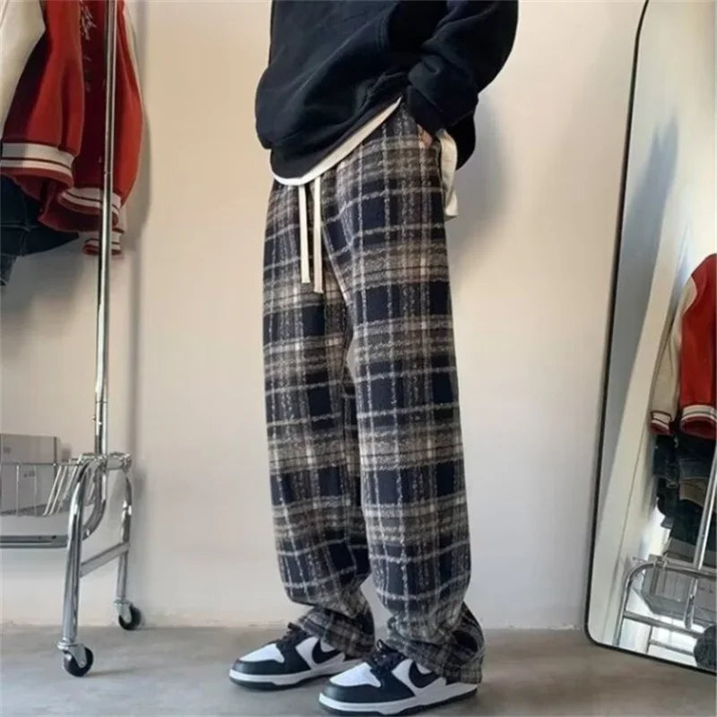 new mens y2k plaid casual baggy trousers autumn korean fashion straight woolen pants y2k vintage streetwear pantalones hombre minimalist street pants