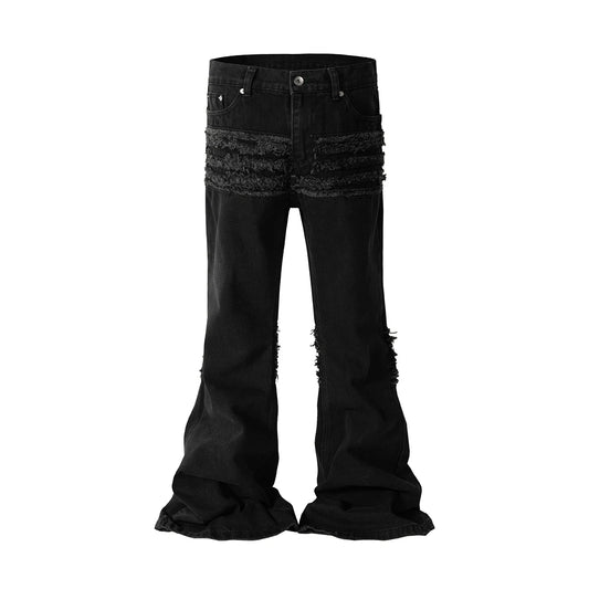 y2k streetwear trendy oversized micro flare jeans black ro hip hop washed tassel distressed denim jean raw edge mens wide pants stacked flare jeans