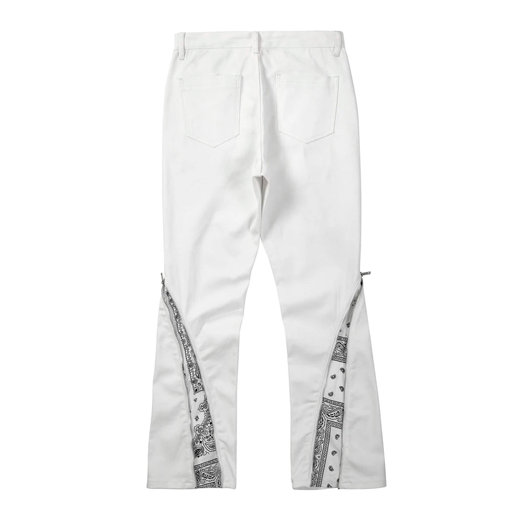 Curve Zipper Cashew Print Patchwork Jeans for Men Straight Black White Y2K Streetwear Casual Baggy Denim Trousers Oversized Street King Limited