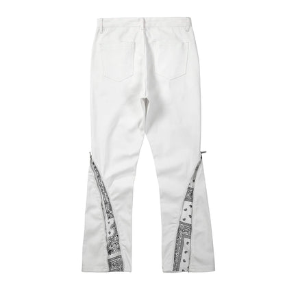 Curve Zipper Cashew Print Patchwork Jeans for Men Straight Black White Y2K Streetwear Casual Baggy Denim Trousers Oversized Street King Limited