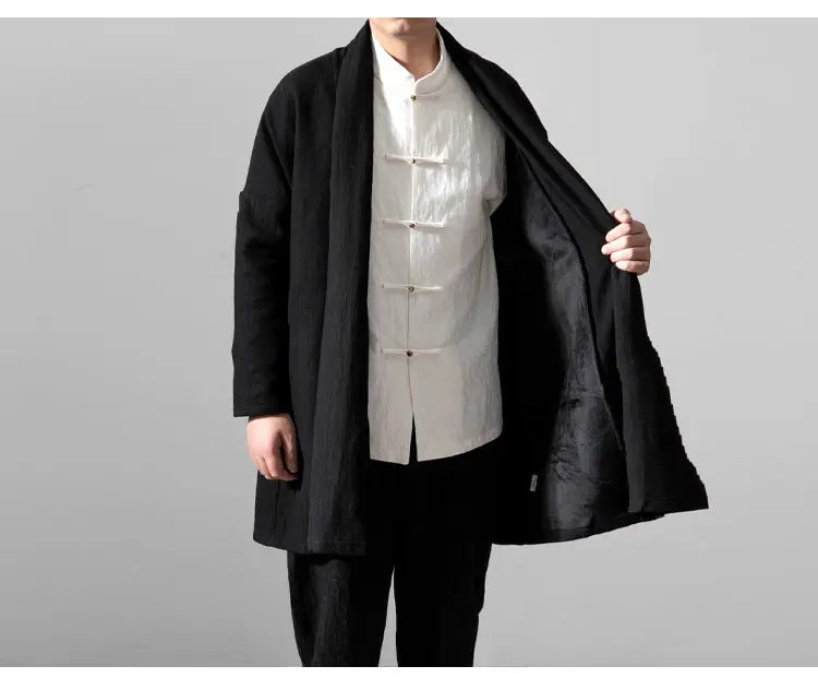 men autumn winter thick fleece liner loose casual punk gothic long cardigan trench coat streetwear kimono robe jacket outerwear unique default style 1003