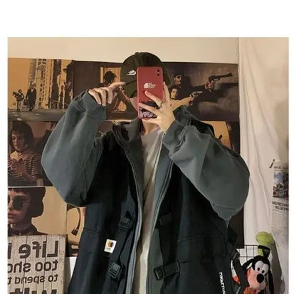 Fake two-piece coat men's ins, trendy Japanese functional workwear hooded jacket, autumn European and American retro trend tops Street King Limited
