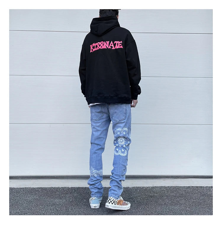 mens high street paisley print denim jeans casual hip hop distressed jeans slim fit skinny denim pants joggers streetwear men unique joggers style 268