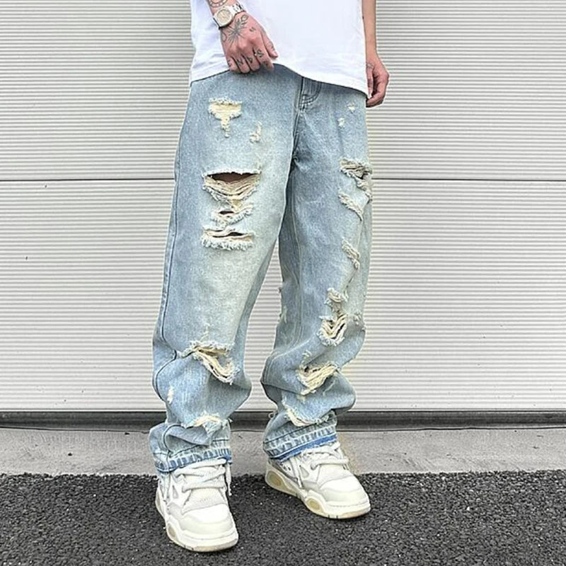 Hip Hop Washed Knee Hole Baggy Wide Leg Casual Jeans for Men Y2K Ripped Loose Distressed Denim Trousers Oversized Cargo Pants Street King Limited