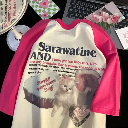 Pure cotton summer new cat print raglan sleeves short sleeved t-shirt women loose sweet splicing contrast color top ins tide Street King Limited