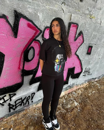 Summer American High Street Fashion Brand Round Neck Short-sleeved Y2k Harajuku Retro Anime Print Oversized Couple T-shirt Top Street King Limited