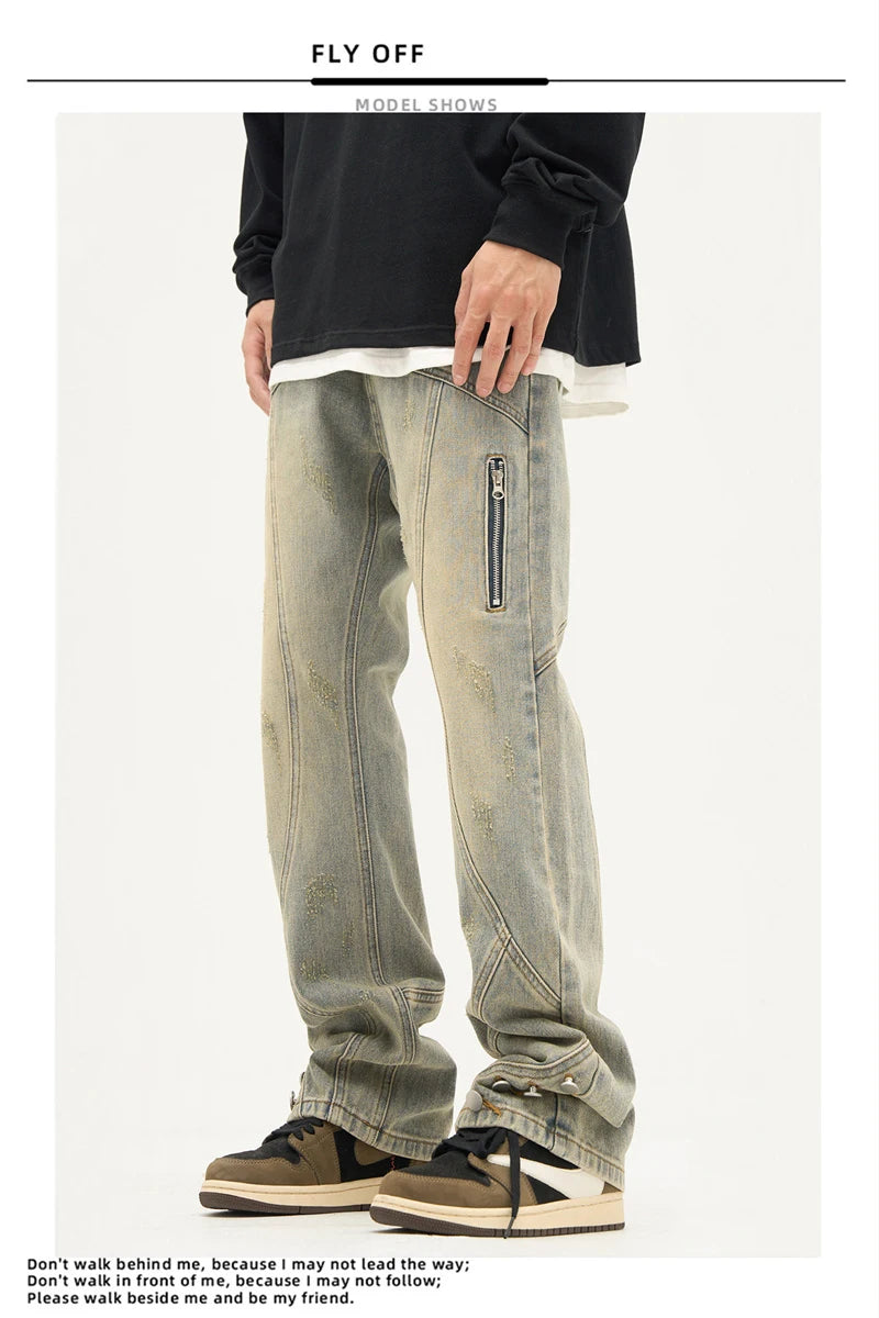 american high street retro straight jeans men casual patchwork y2k denim pants hip hop streetwear zipper baggy cargo jean unique cargo style 3121