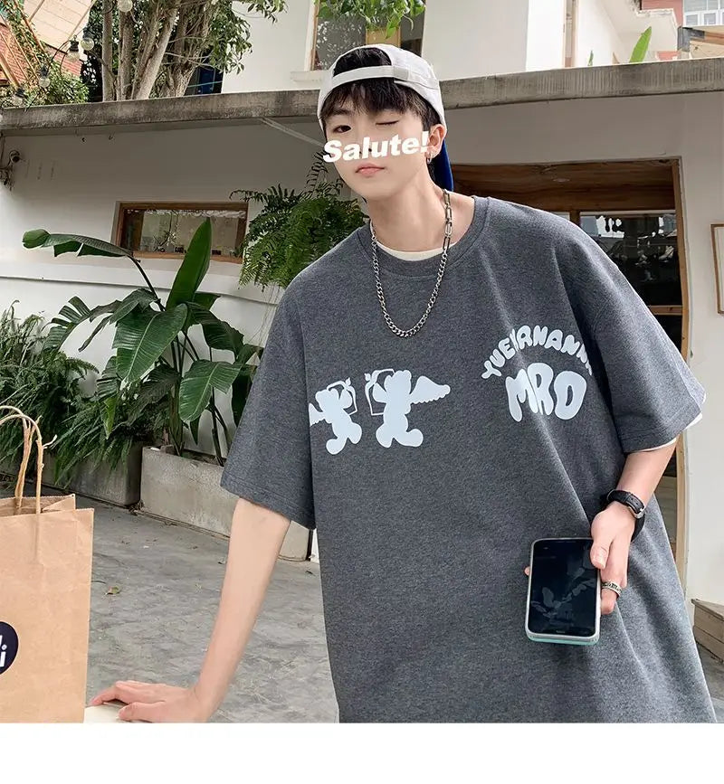 Korean street hip hop y2k printed men's T-shirt trendy brand Japanese retro loose Harajuku round neck sports half sleeved top Street King Limited