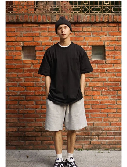 Korean trendy printed graphic T shirt street basic men y2k solid color simple personality pocket retro oversized T shirt Street King Limited