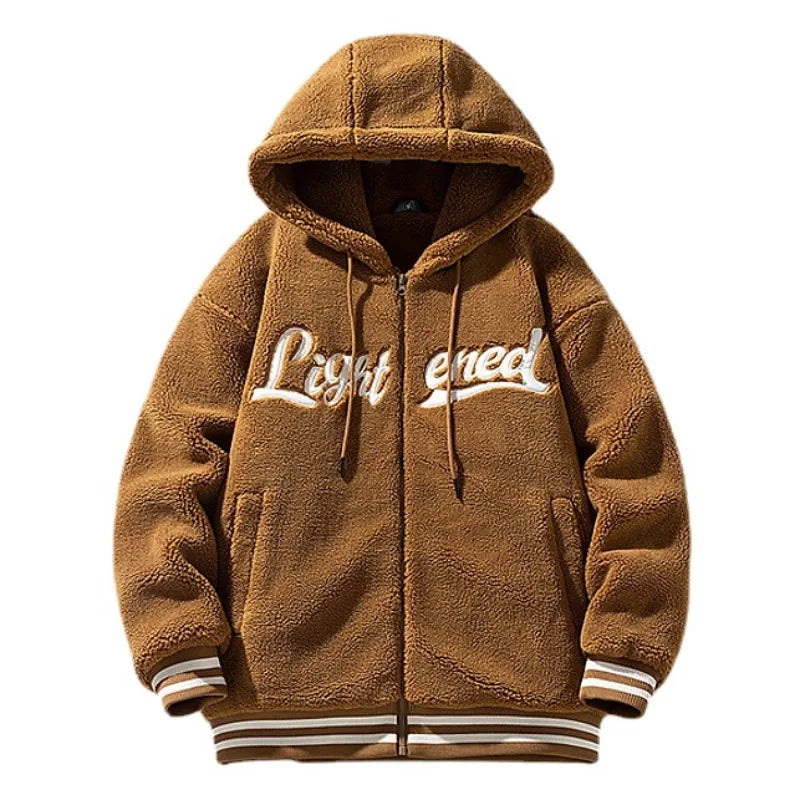 men fleece jackets and coats casual letter embroidery hairy zipper hooded outerwear warm streetwear parkas loose bomber jacket unique default style 3455