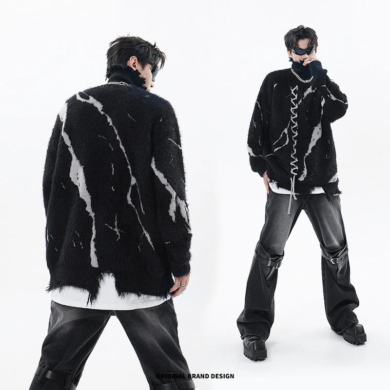 Distressed Splicing Turtleneck Sweaters Men Women Pullover Knit Sweater Jumper Fall Winter Hip Hop Streetwear Black Sweater Y2K Street King Limited