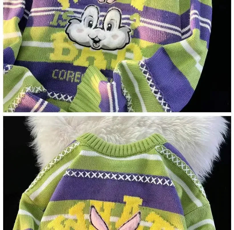 Sweet cool bunny striped knitted sweater for women in autumn and winter loose outer wear lazy style soft and waxy milk kawaii Street King Limited