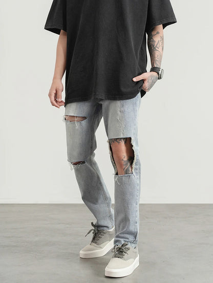 destroied big holes ripped denim jeans mens distressed biker jeans fashion high street slim straight pants streetwear joggers unique joggers style 358